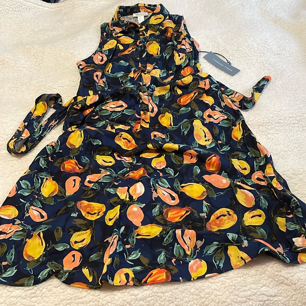 London Times Linen Lemon Printed Sleeveless Full Dress Size 10 NWT